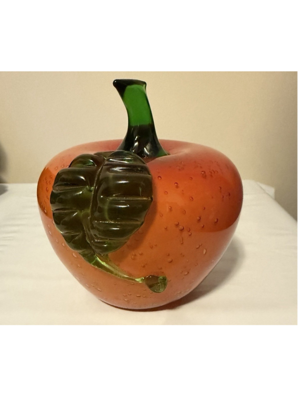 Vtg Murano Style Hand Blown Red Glass Apple w/Green Glass Stem/Leaf Paperweight